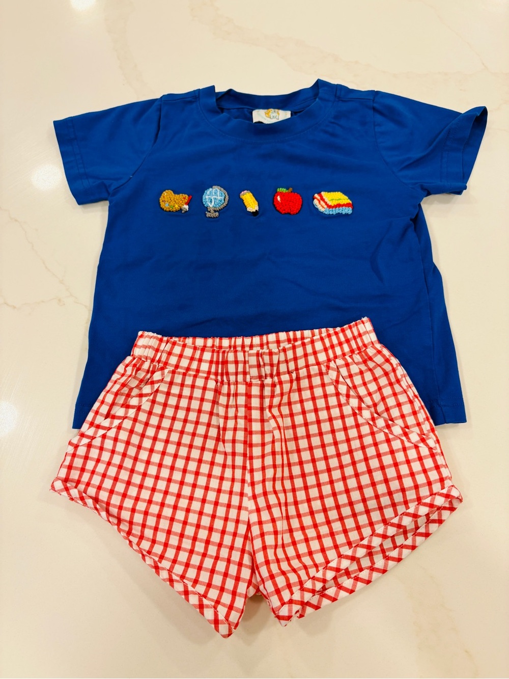 The Smocking Dog Boutique Blue French Knot School Short Set 18mo